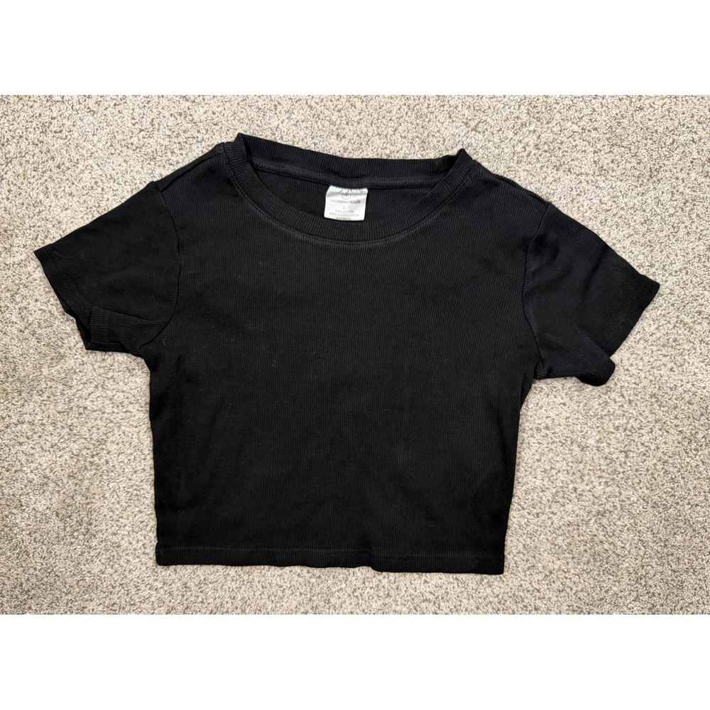 Real Essentials Crop Top Ribbed 100% Cotton Large Black‎ Casual Short Sleeve Tee